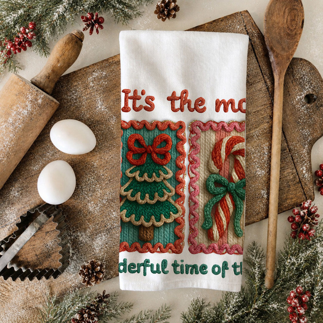 Wonderful Time Crochet Print Christmas Kitchen Tea Towel Decor Fun Gifts for Her
