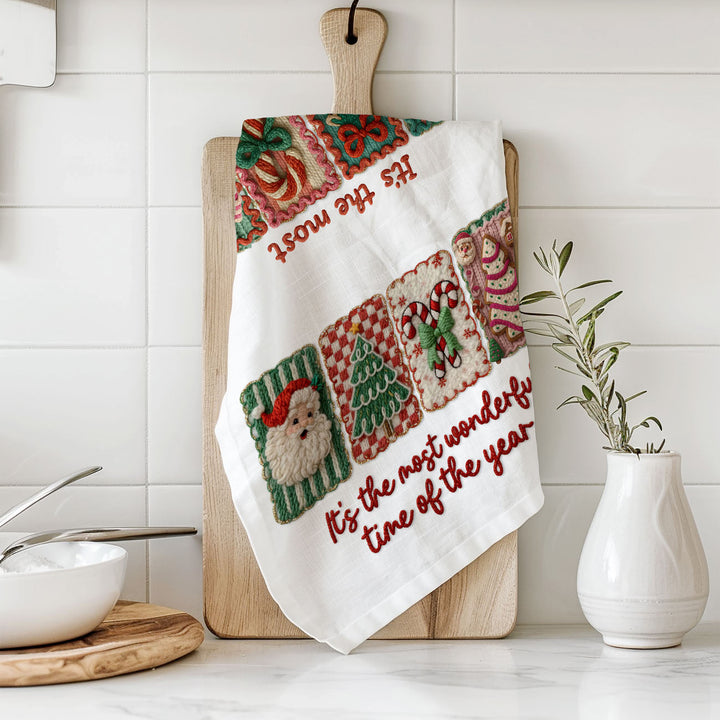 Wonderful Time Crochet Print Christmas Kitchen Tea Towel Decor Fun Gifts for Her