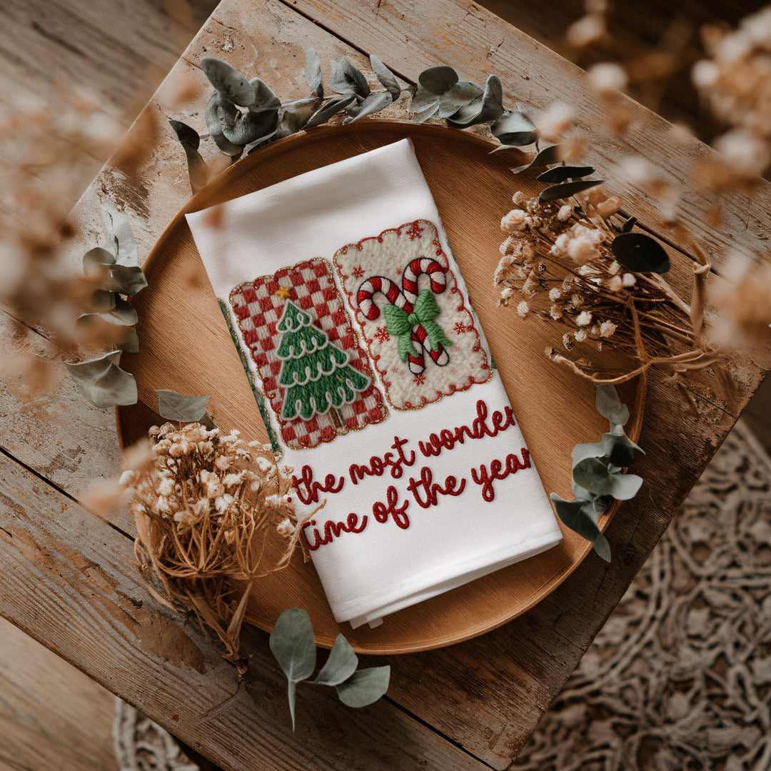 Wonderful Time Crochet Print Christmas Kitchen Tea Towel Decor Fun Gifts for Her