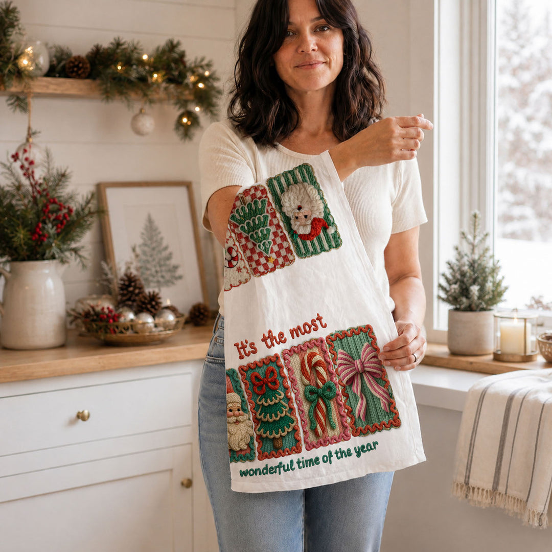 Wonderful Time Crochet Print Christmas Kitchen Tea Towel Decor Fun Gifts for Her