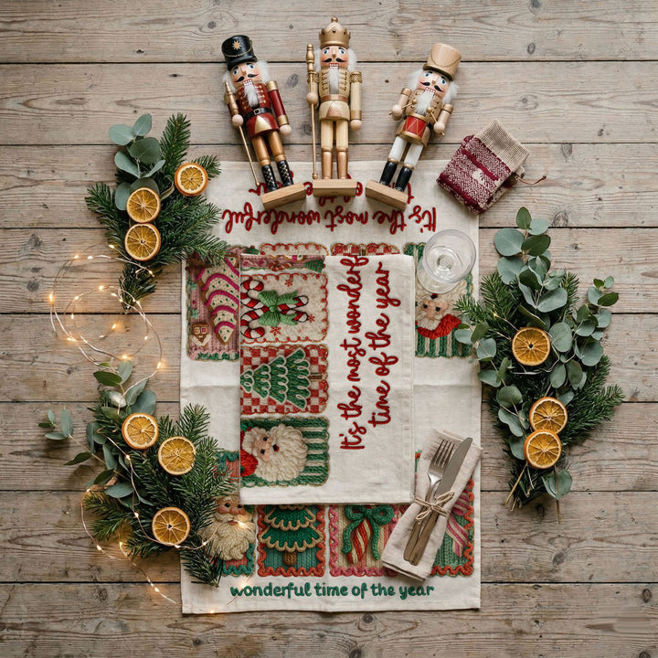 Wonderful Time Crochet Print Christmas Kitchen Tea Towel Decor Fun Gifts for Her
