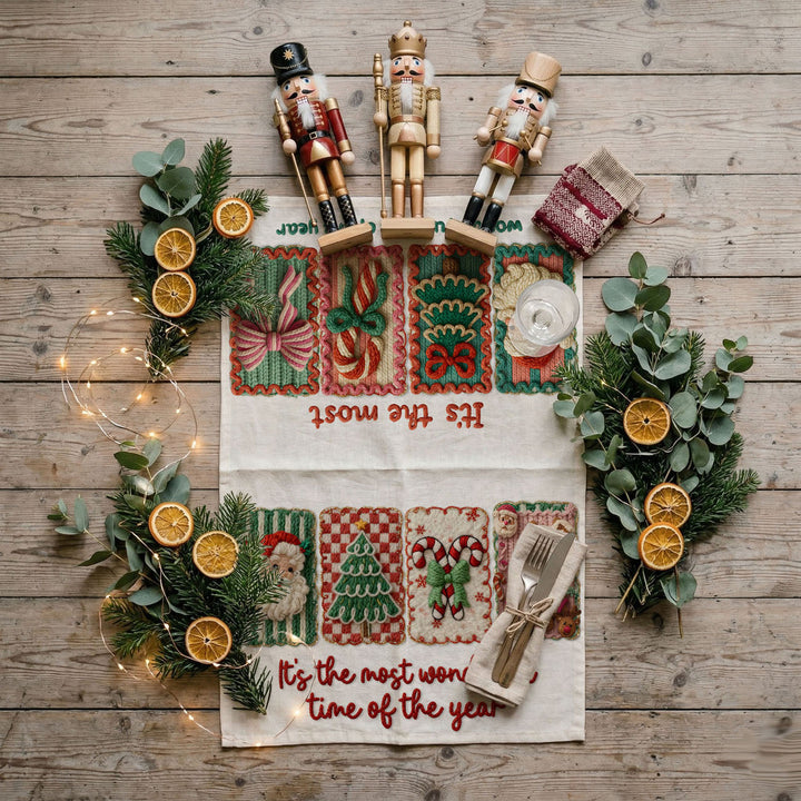 Wonderful Time Crochet Print Christmas Kitchen Tea Towel Decor Fun Gifts for Her