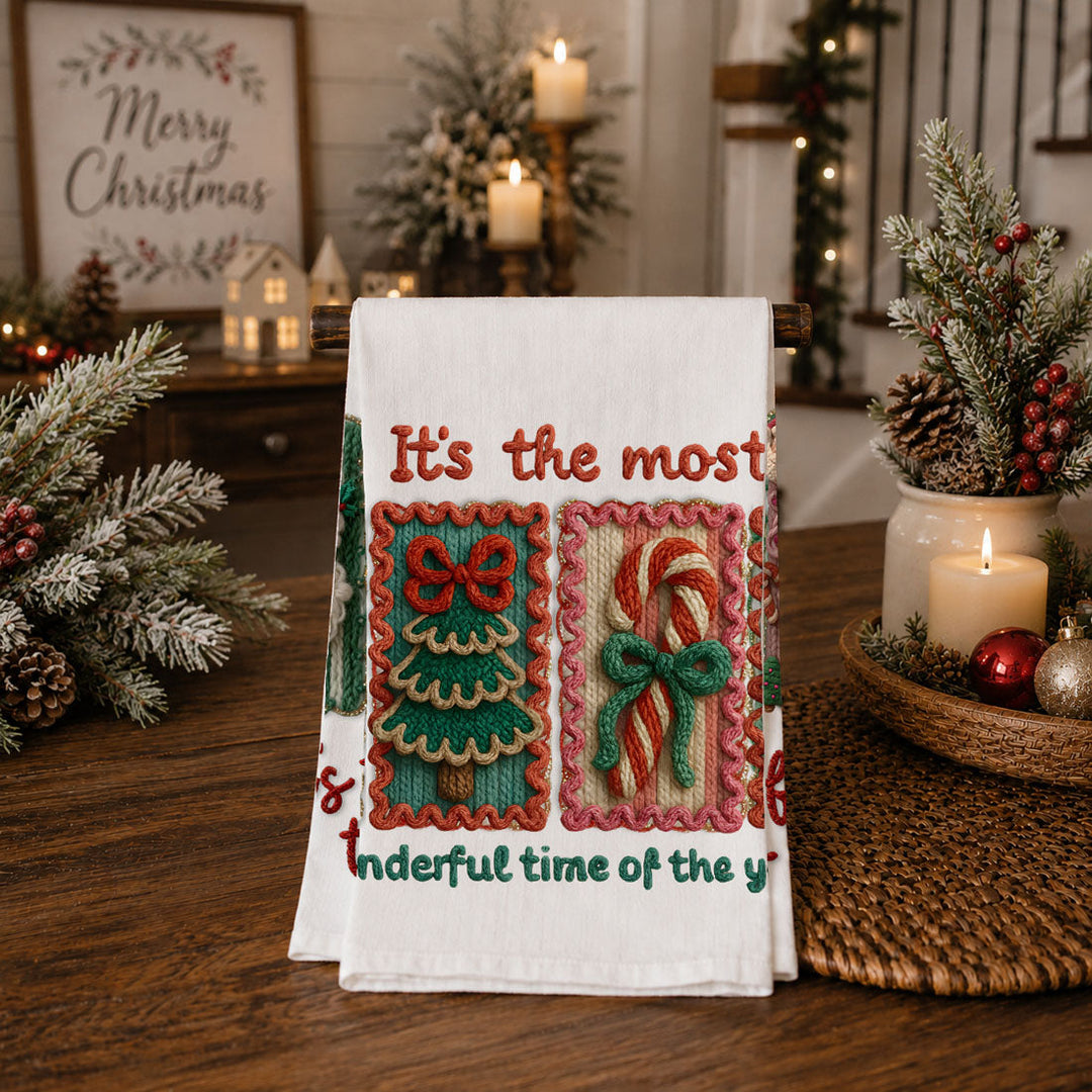 Wonderful Time Crochet Print Christmas Kitchen Tea Towel Decor Fun Gifts for Her