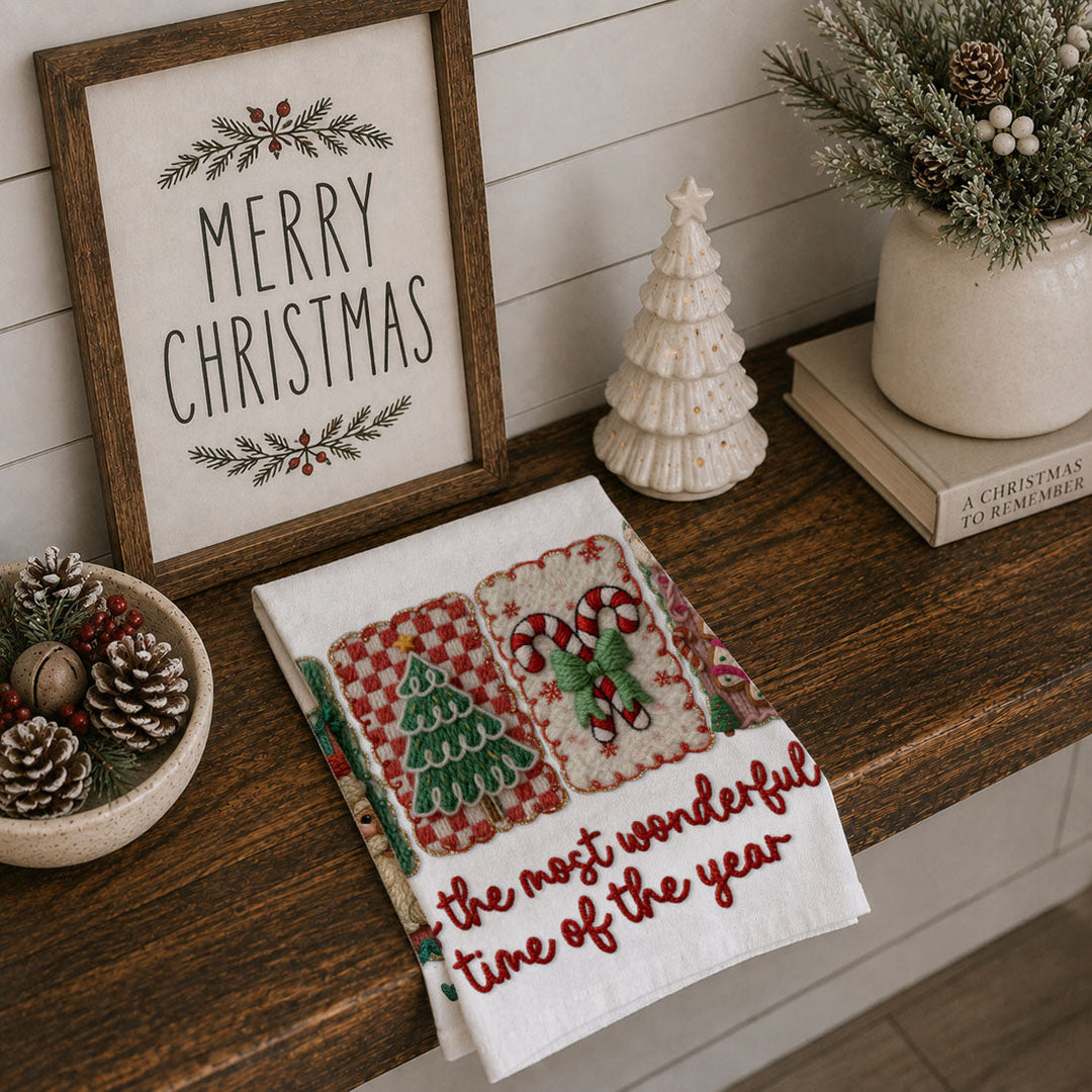Wonderful Time Crochet Print Christmas Kitchen Tea Towel Decor Fun Gifts for Her
