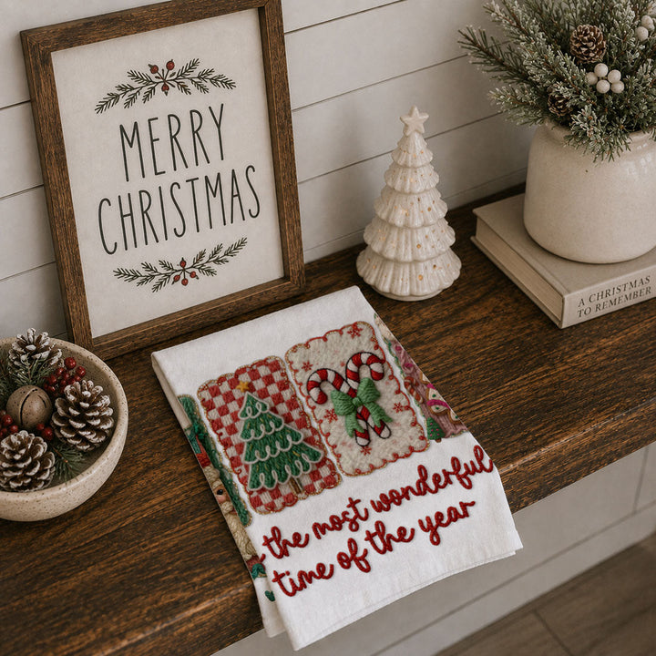 Wonderful Time Crochet Print Christmas Kitchen Tea Towel Decor Fun Gifts for Her