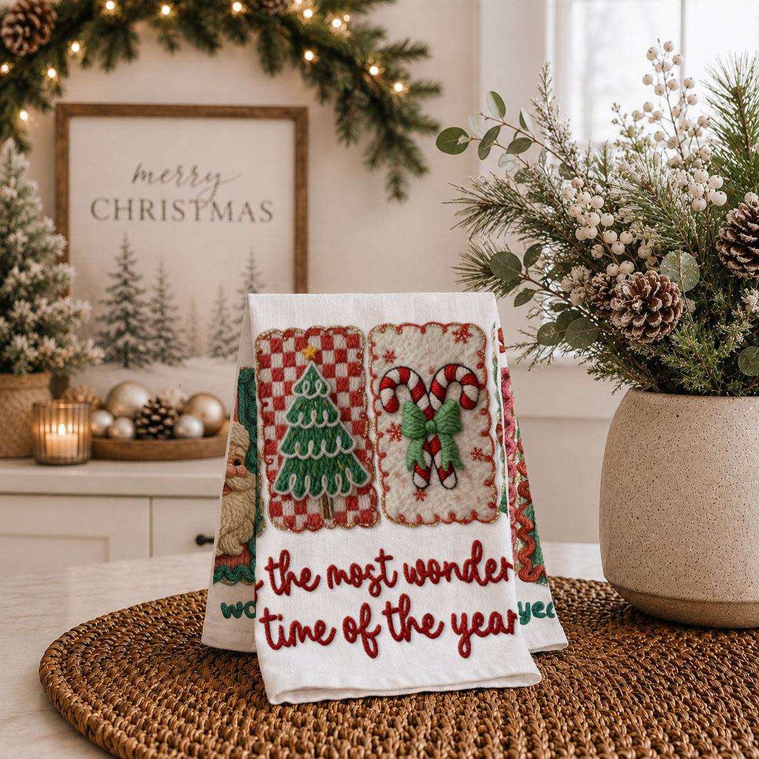 Wonderful Time Crochet Print Christmas Kitchen Tea Towel Decor Fun Gifts for Her