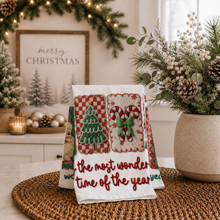 Wonderful Time Crochet Print Christmas Kitchen Tea Towel Decor Fun Gifts for Her
