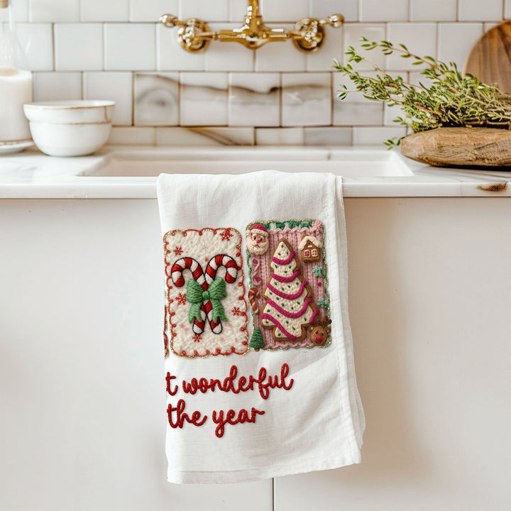 Wonderful Time Crochet Print Christmas Kitchen Tea Towel Decor Fun Gifts for Her