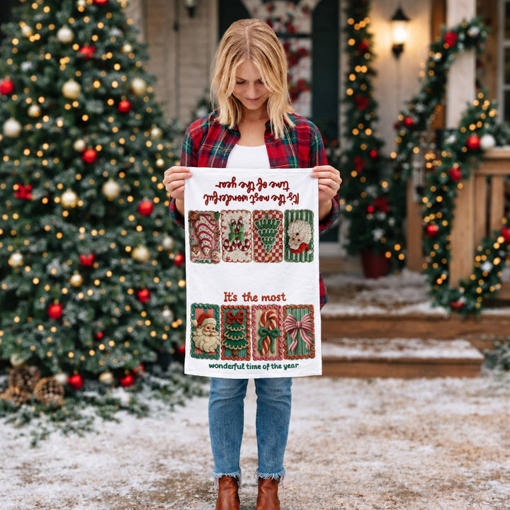Wonderful Time Crochet Print Christmas Kitchen Tea Towel Decor Fun Gifts for Her