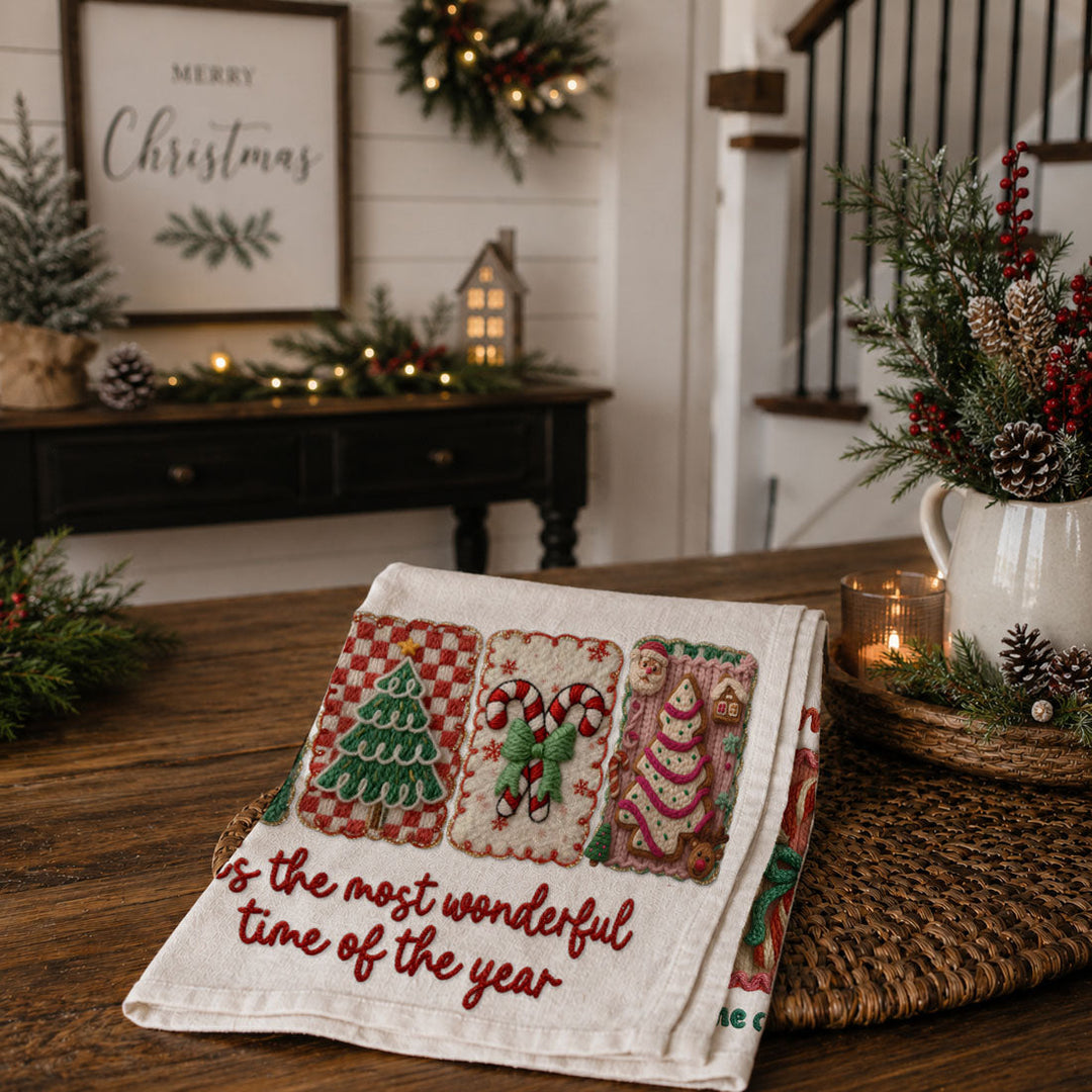Wonderful Time Crochet Print Christmas Kitchen Tea Towel Decor Fun Gifts for Her