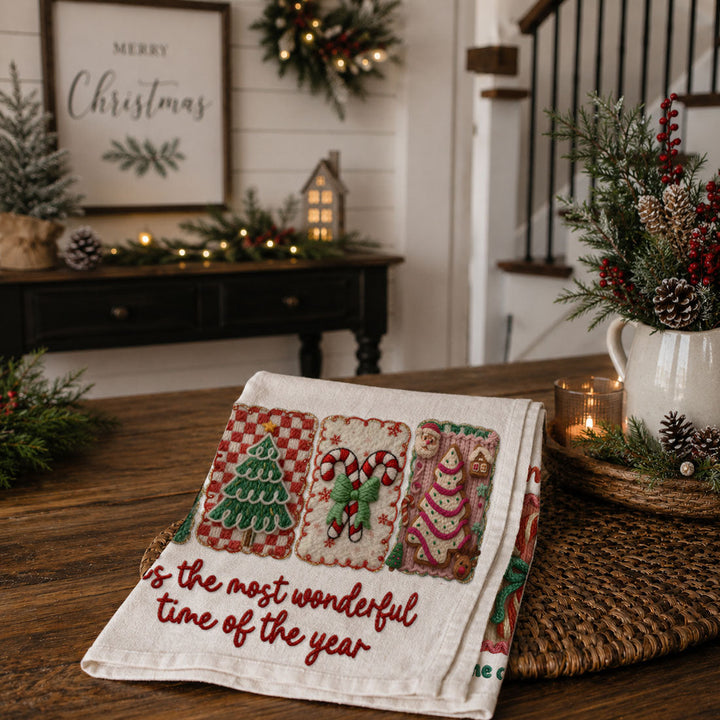Wonderful Time Crochet Print Christmas Kitchen Tea Towel Decor Fun Gifts for Her