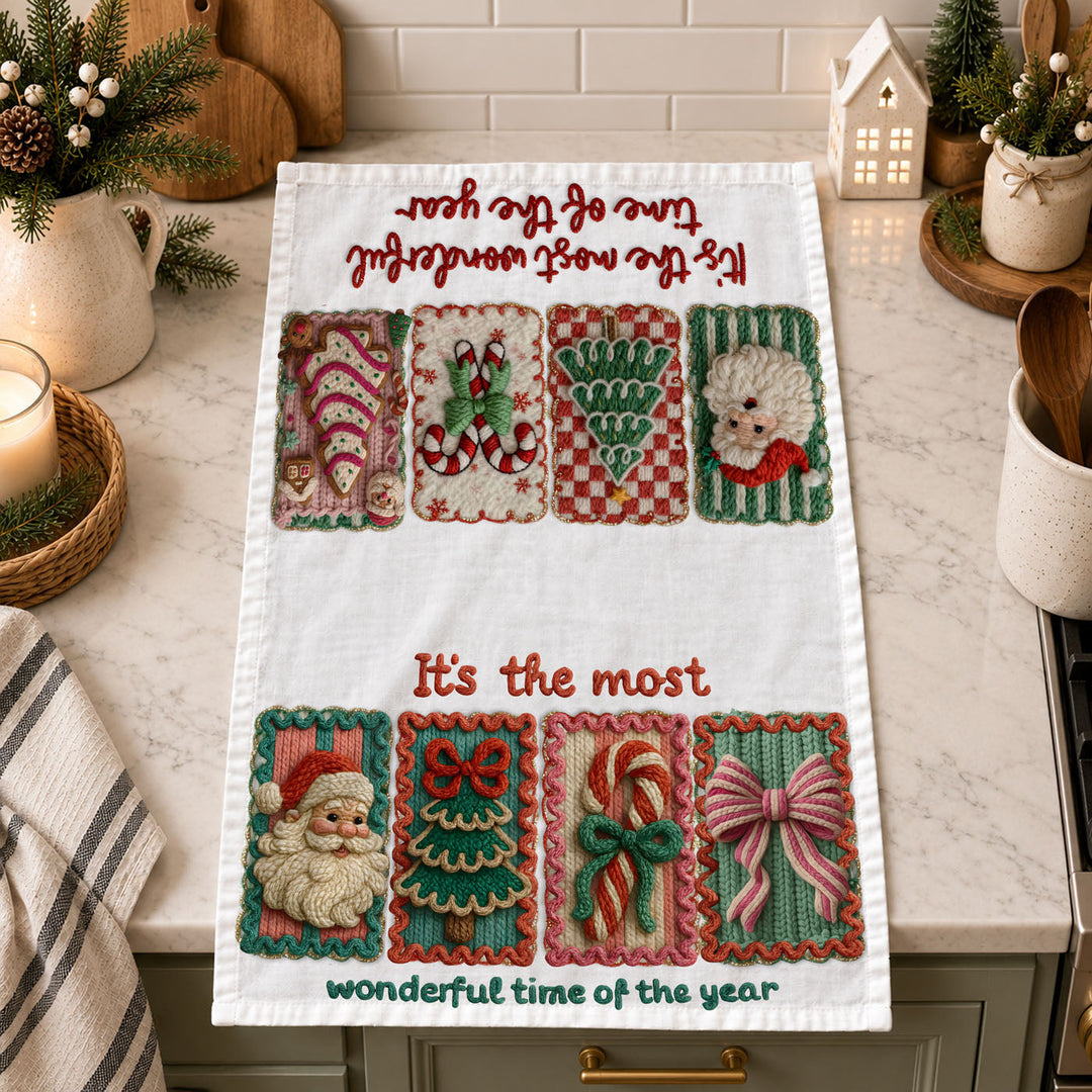 Wonderful Time Crochet Print Christmas Kitchen Tea Towel Decor Fun Gifts for Her