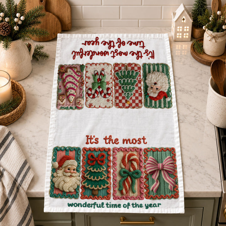 Wonderful Time Crochet Print Christmas Kitchen Tea Towel Decor Fun Gifts for Her