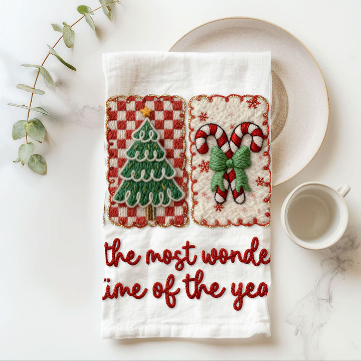 Wonderful Time Crochet Print Christmas Kitchen Tea Towel Decor Fun Gifts for Her