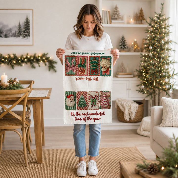 Wonderful Time Crochet Print Christmas Kitchen Tea Towel Decor Fun Gifts for Her
