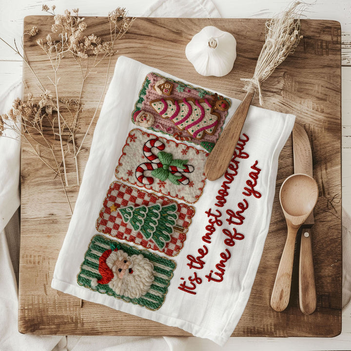 Wonderful Time Crochet Print Christmas Kitchen Tea Towel Decor Fun Gifts for Her