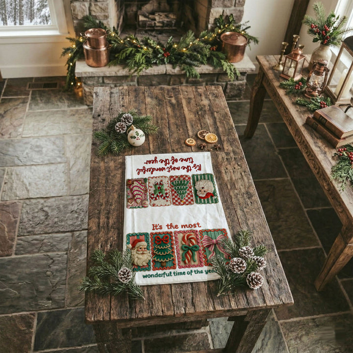 Wonderful Time Crochet Print Christmas Kitchen Tea Towel Decor Fun Gifts for Her