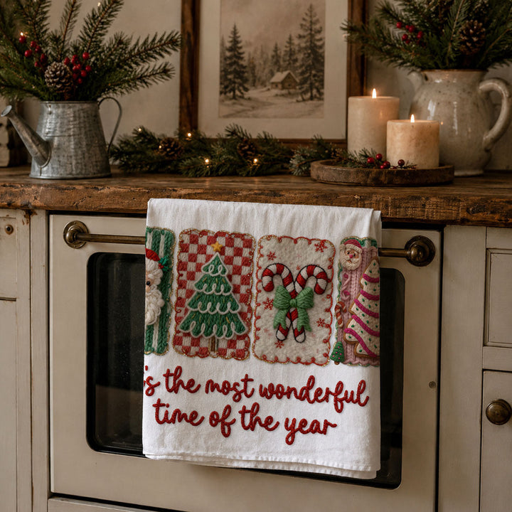 Wonderful Time Crochet Print Christmas Kitchen Tea Towel Decor Fun Gifts for Her