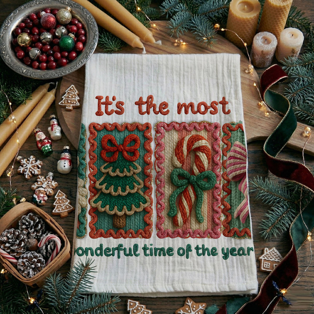 Wonderful Time Crochet Print Christmas Kitchen Tea Towel Decor Fun Gifts for Her