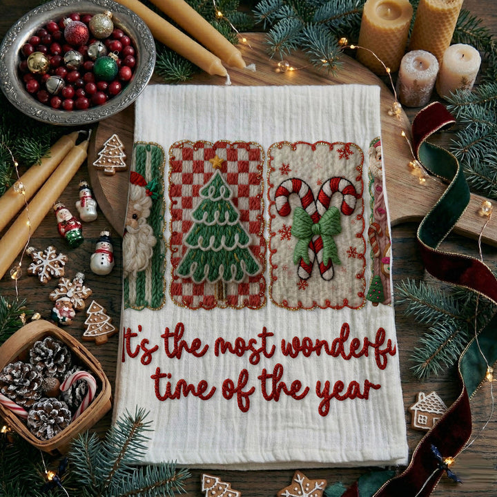 Wonderful Time Crochet Print Christmas Kitchen Tea Towel Decor Fun Gifts for Her