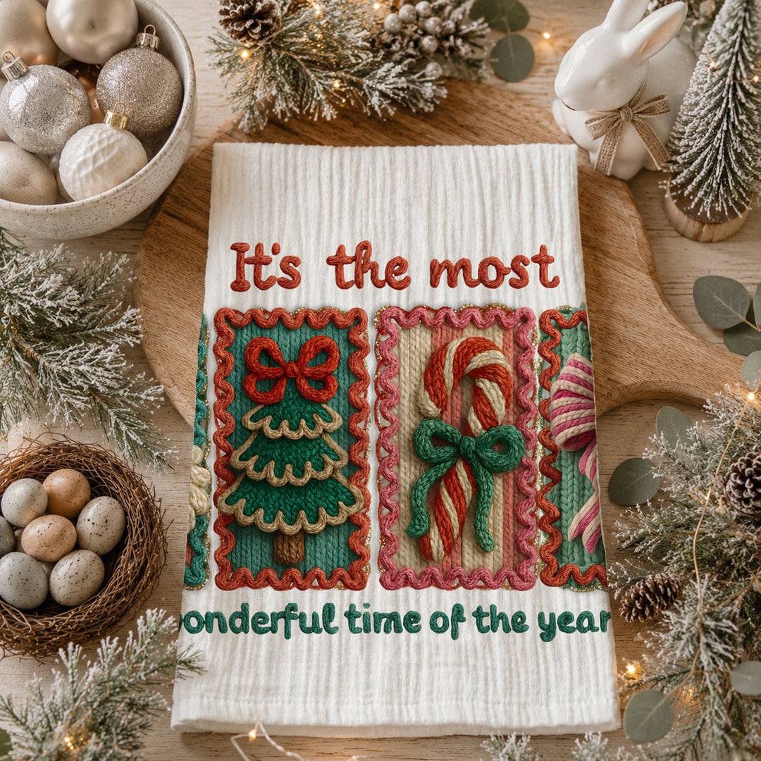 Wonderful Time Crochet Print Christmas Kitchen Tea Towel Decor Fun Gifts for Her