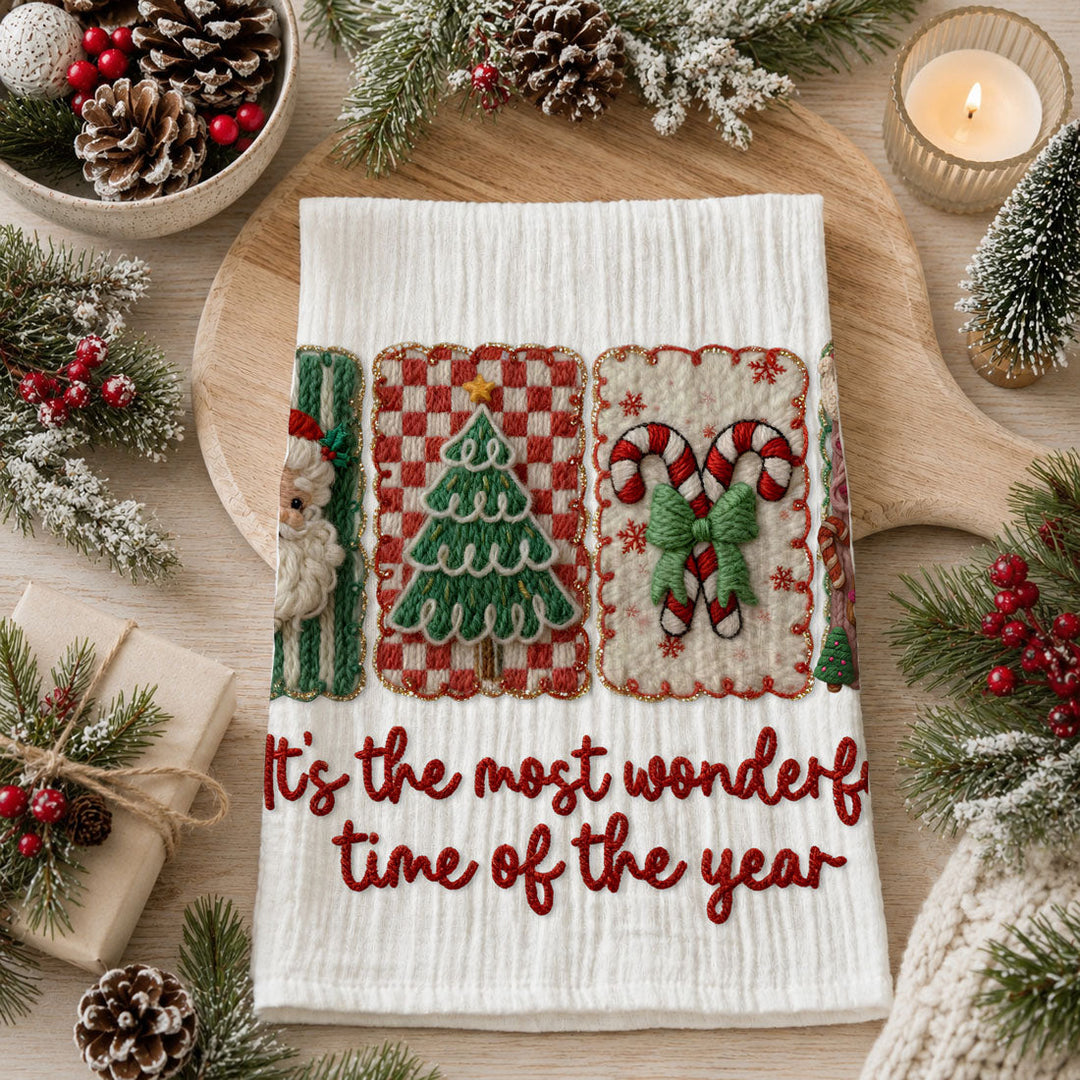Wonderful Time Crochet Print Christmas Kitchen Tea Towel Decor Fun Gifts for Her