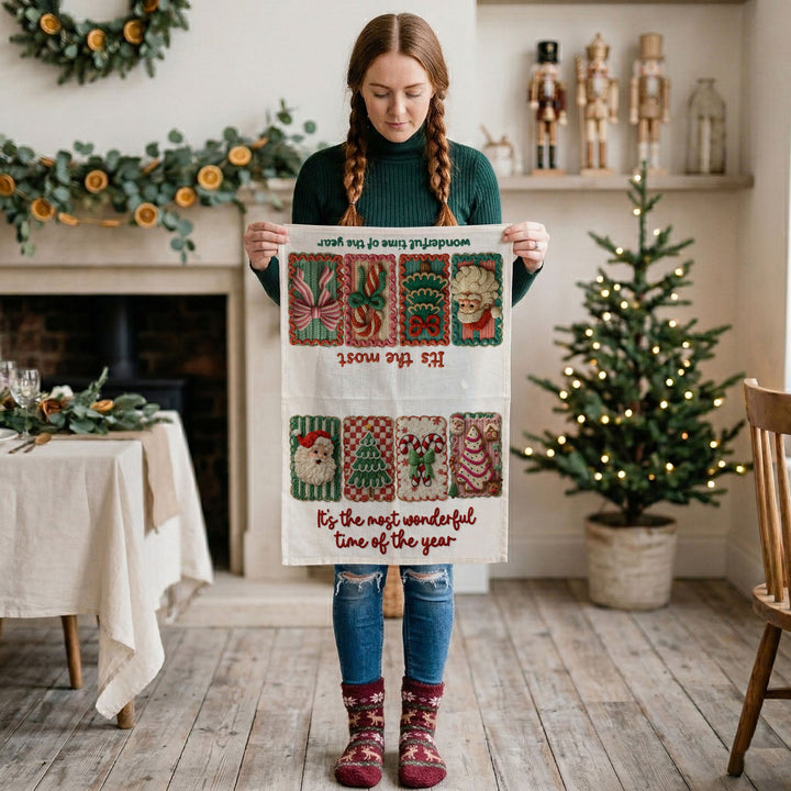 Wonderful Time Crochet Print Christmas Kitchen Tea Towel Decor Fun Gifts for Her