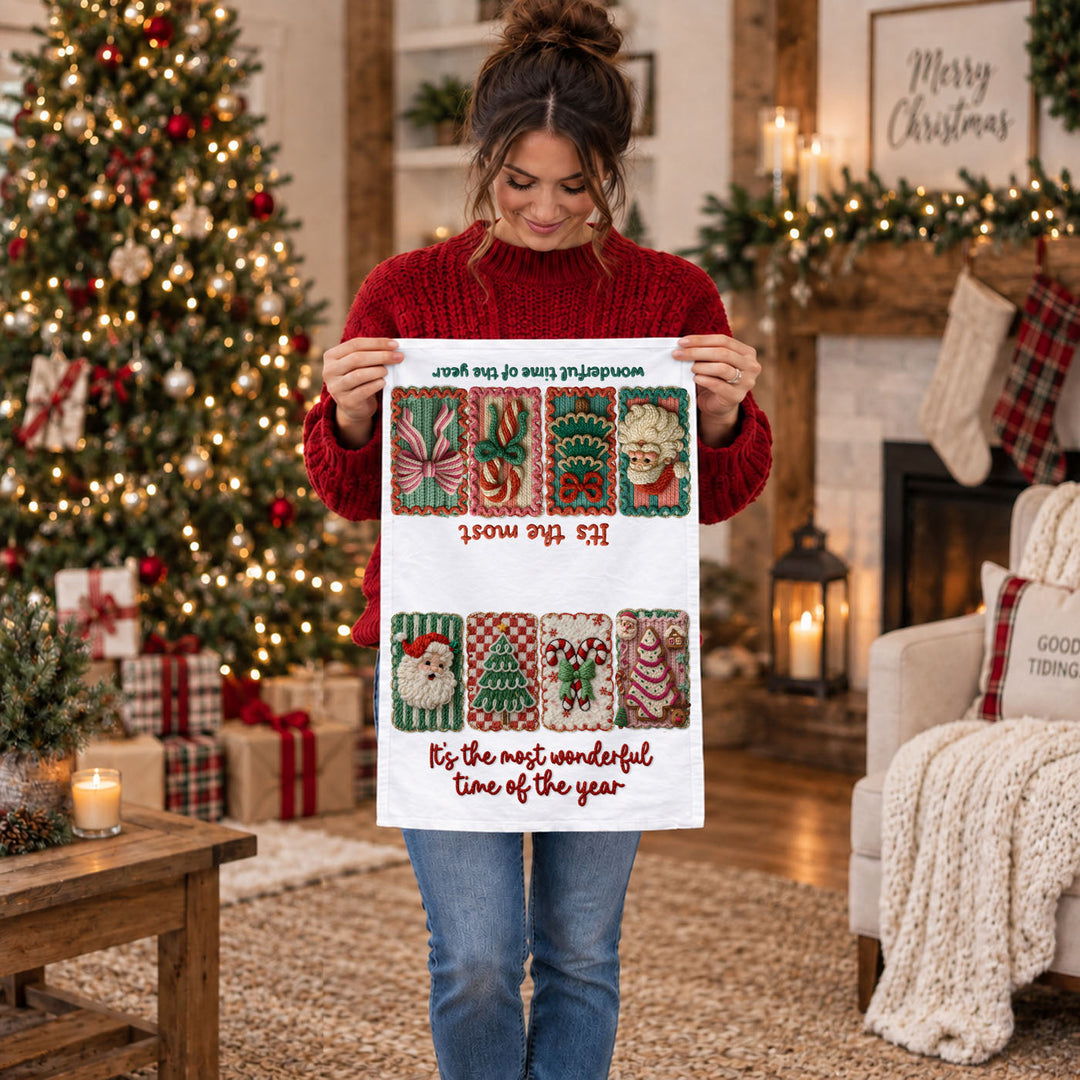 Wonderful Time Crochet Print Christmas Kitchen Tea Towel Decor Fun Gifts for Her