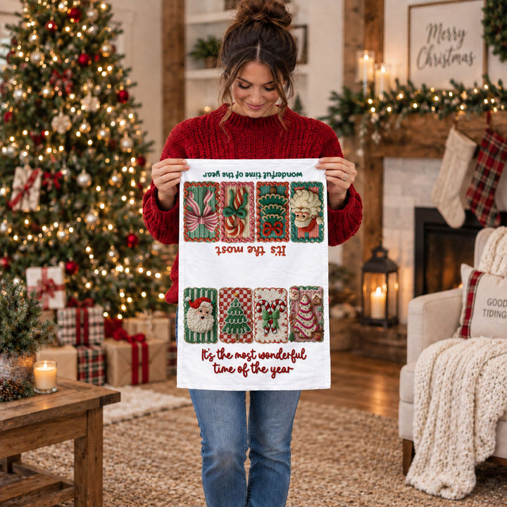 Wonderful Time Crochet Print Christmas Kitchen Tea Towel Decor Fun Gifts for Her