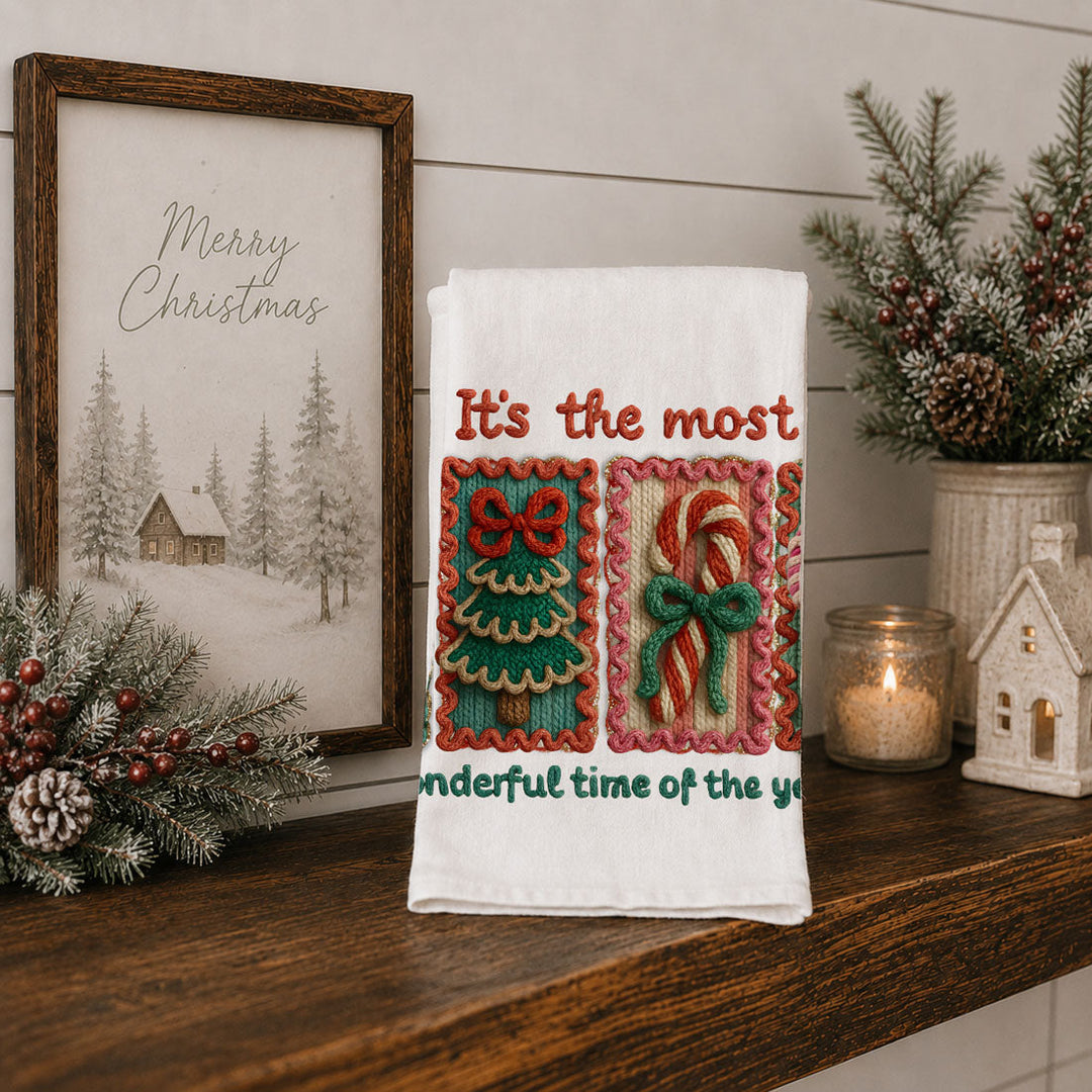 Wonderful Time Crochet Print Christmas Kitchen Tea Towel Decor Fun Gifts for Her