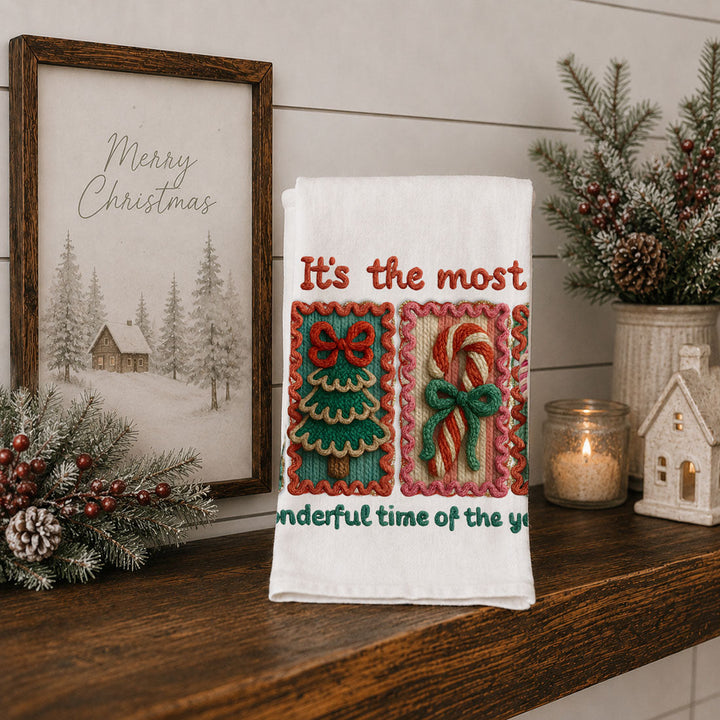 Wonderful Time Crochet Print Christmas Kitchen Tea Towel Decor Fun Gifts for Her