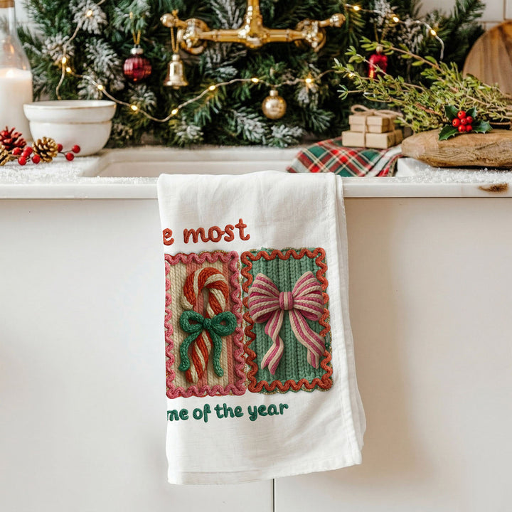 Wonderful Time Crochet Print Christmas Kitchen Tea Towel Decor Fun Gifts for Her