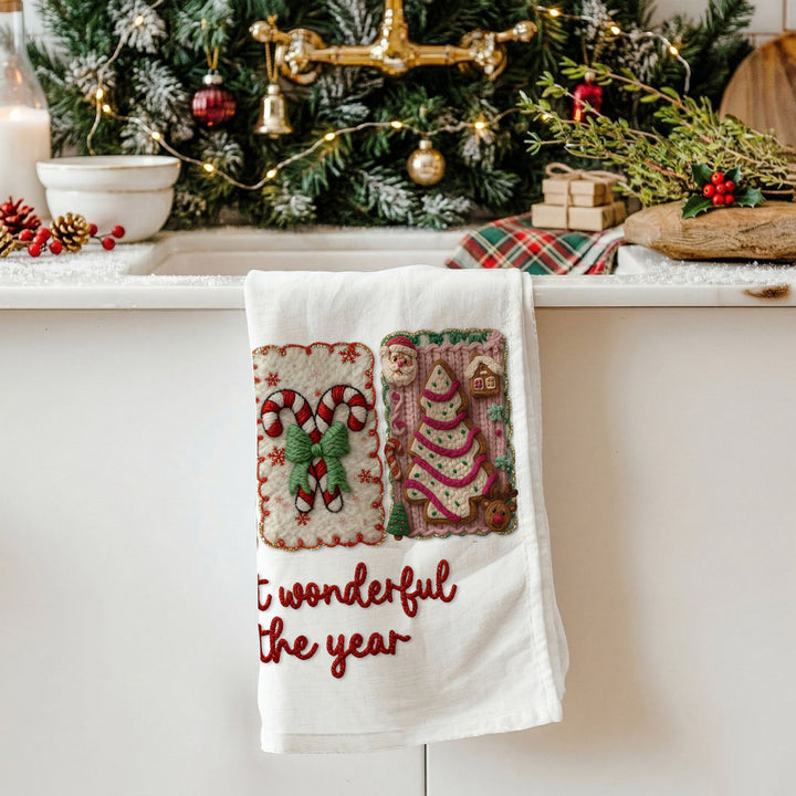 Wonderful Time Crochet Print Christmas Kitchen Tea Towel Decor Fun Gifts for Her