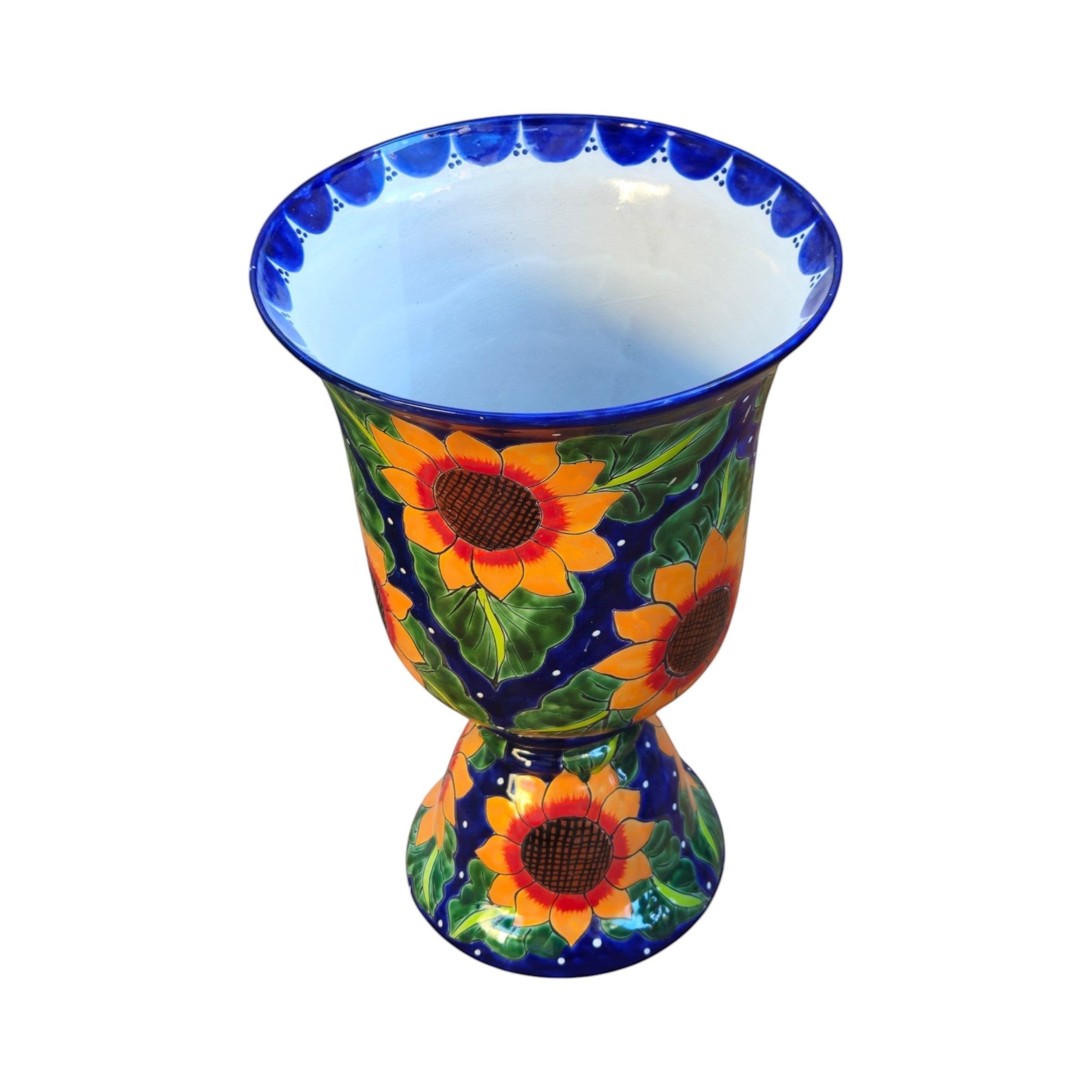 Talavera Pedestal Planter | Cobalt Blue Sunflower Design