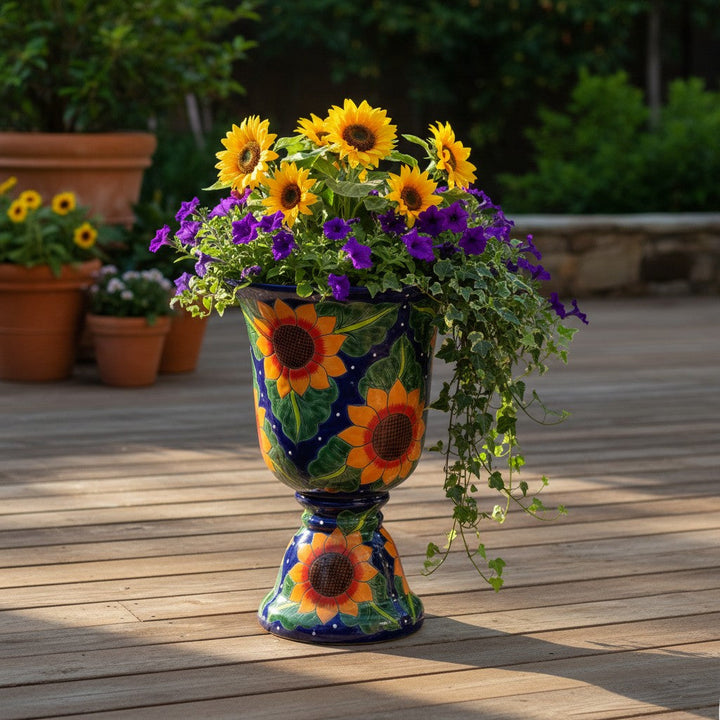 Talavera Pedestal Planter | Cobalt Blue Sunflower Design