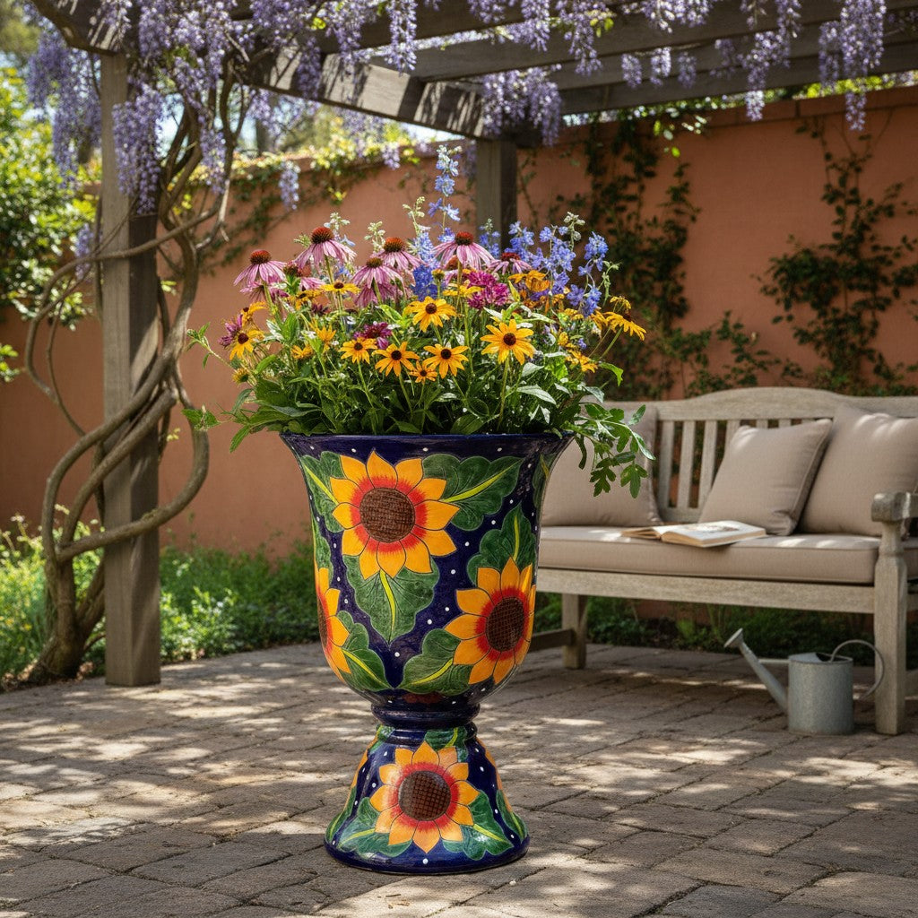Talavera Pedestal Planter | Cobalt Blue Sunflower Design
