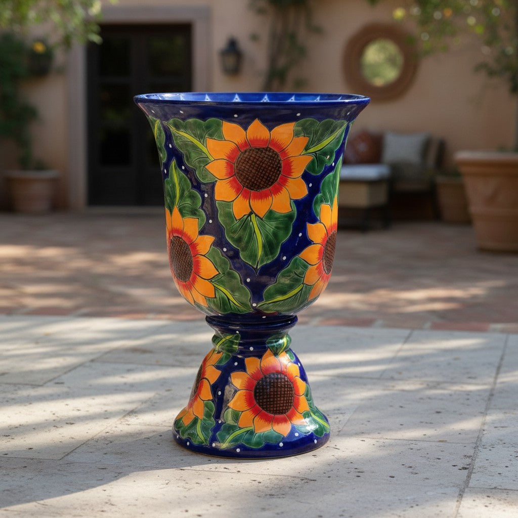 Talavera Pedestal Planter | Cobalt Blue Sunflower Design