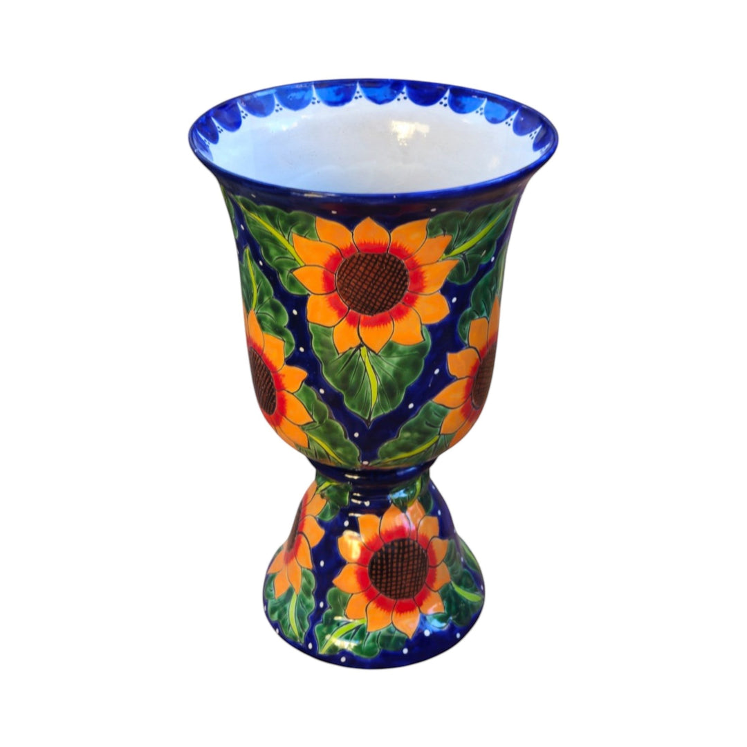 Talavera Pedestal Planter | Cobalt Blue Sunflower Design