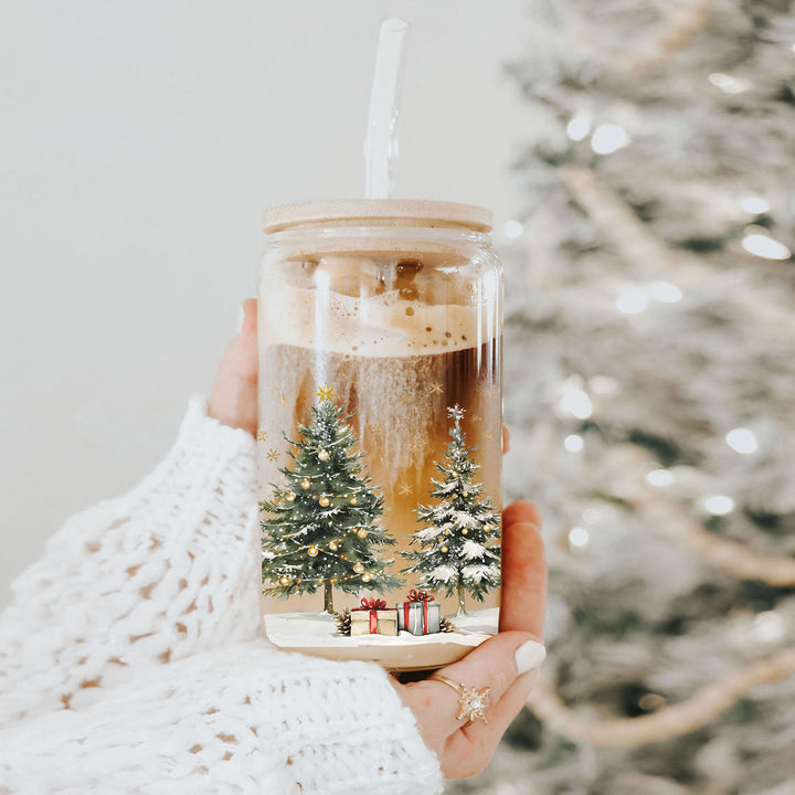 Oh Christmas Tree Glass Tumbler 17oz Bamboo Lid Straw Holiday Great Holiday Gift