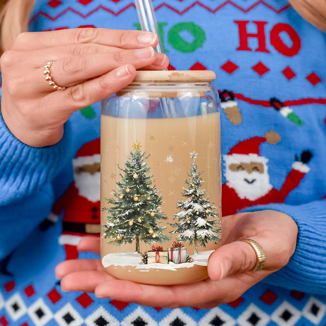 Oh Christmas Tree Glass Tumbler 17oz Bamboo Lid Straw Holiday Great Holiday Gift