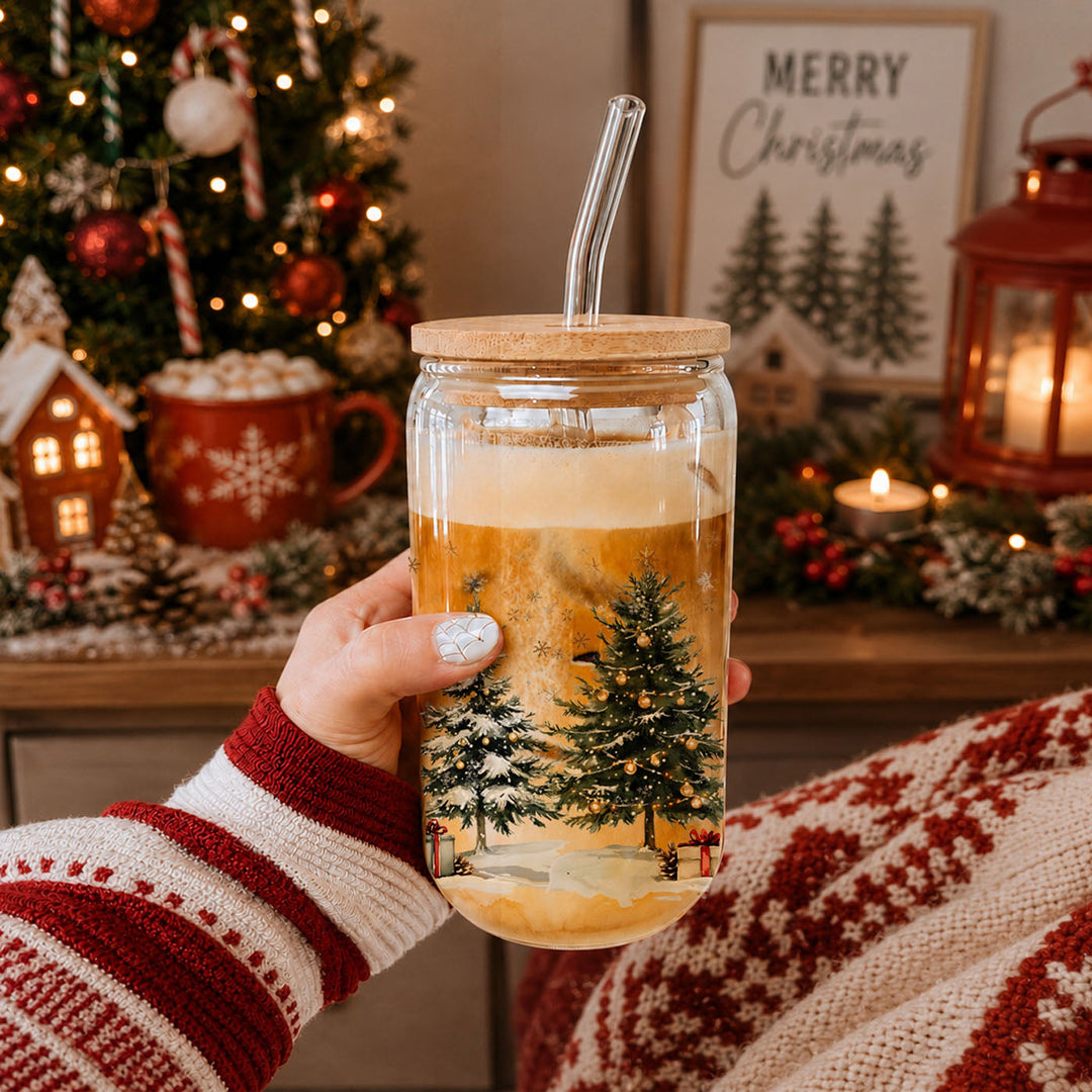 Oh Christmas Tree Glass Tumbler 17oz Bamboo Lid Straw Holiday Great Holiday Gift