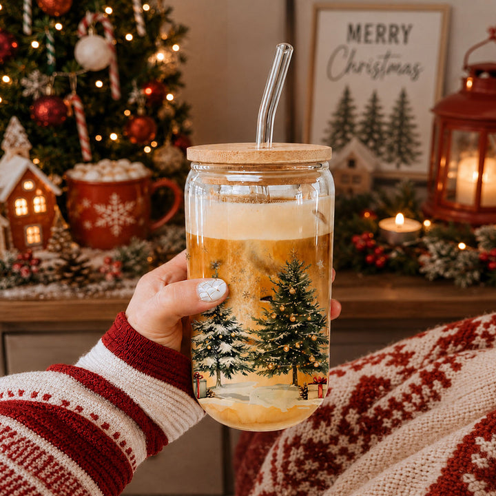 Oh Christmas Tree Glass Tumbler 17oz Bamboo Lid Straw Holiday Great Holiday Gift