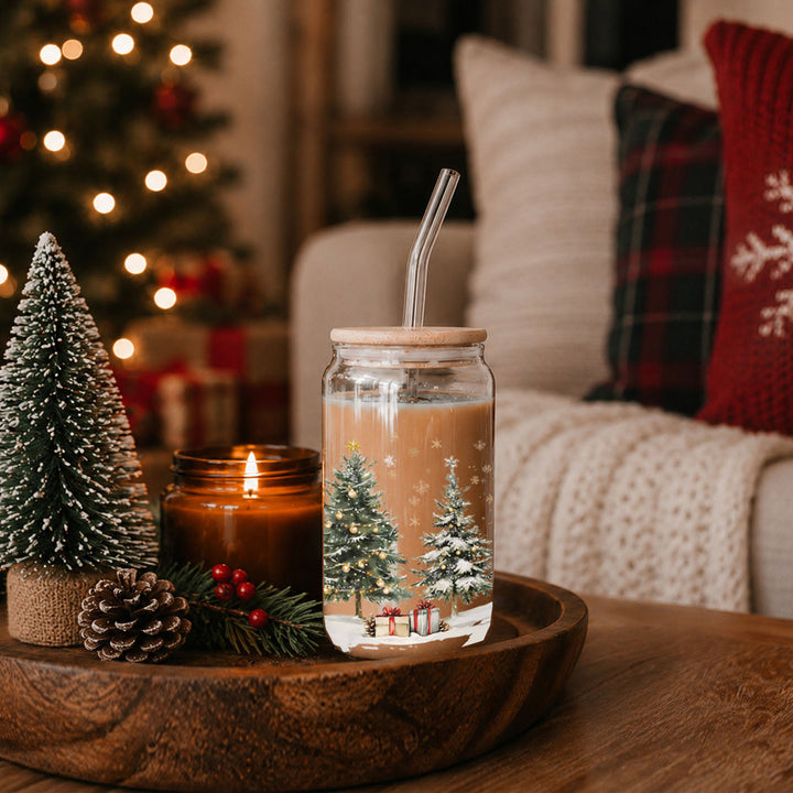 Oh Christmas Tree Glass Tumbler 17oz Bamboo Lid Straw Holiday Great Holiday Gift