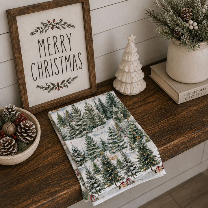 Winter Trees Christmas Kitchen Tea Towel Holiday Forest Decor Great Holiday Gift