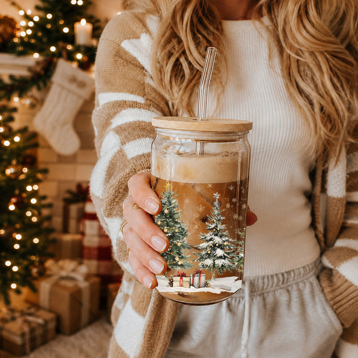 Oh Christmas Tree Glass Tumbler 17oz Bamboo Lid Straw Holiday Great Holiday Gift