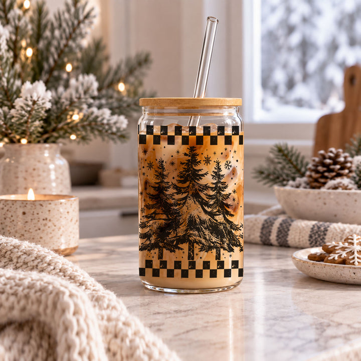 Retro Christmas Tree Glass Tumbler 17oz Bamboo Lid Straw Great Gift for Friends