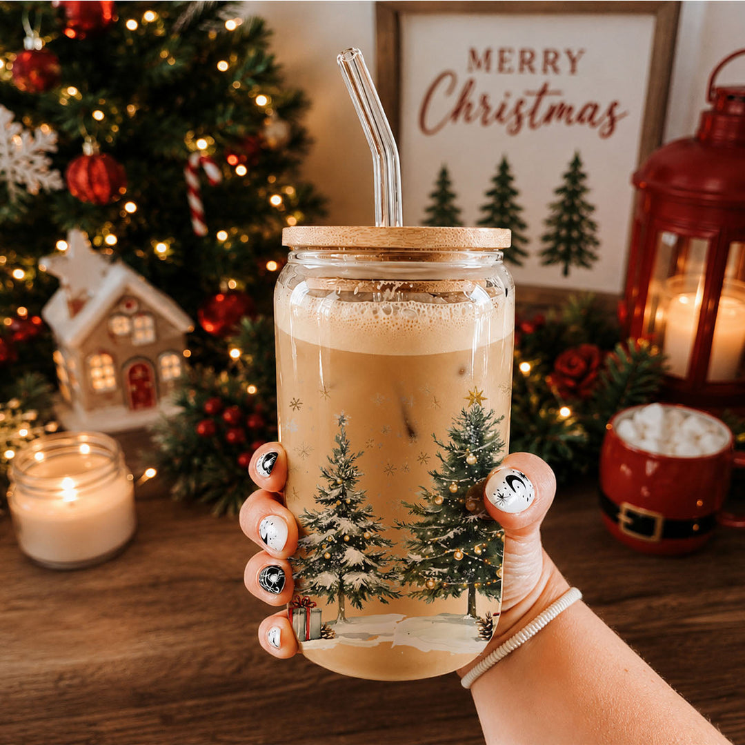 Oh Christmas Tree Glass Tumbler 17oz Bamboo Lid Straw Holiday Great Holiday Gift