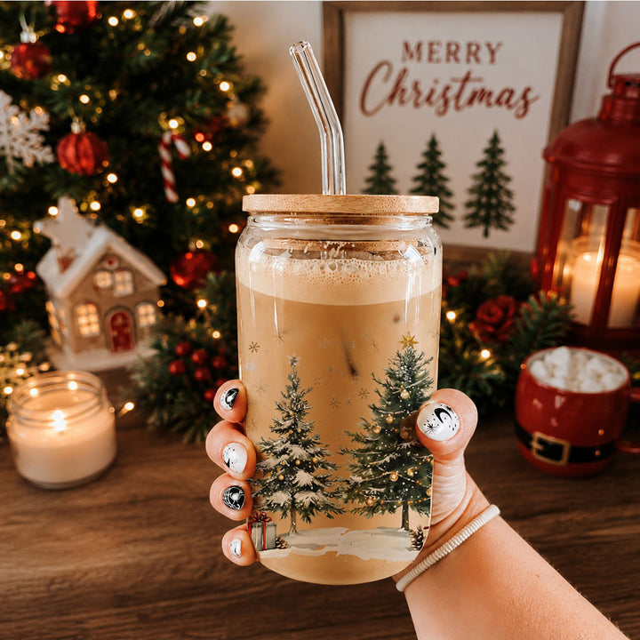 Oh Christmas Tree Glass Tumbler 17oz Bamboo Lid Straw Holiday Great Holiday Gift