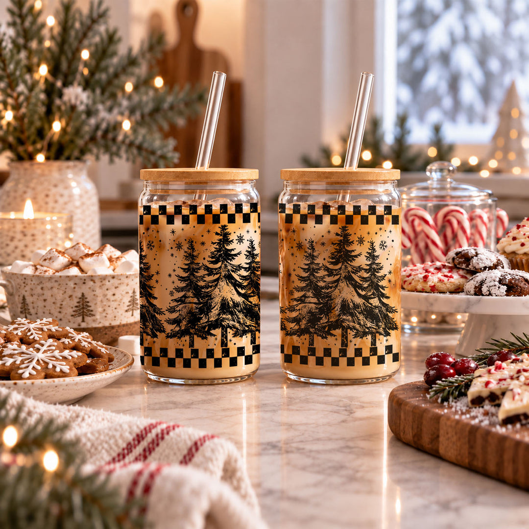Retro Christmas Tree Glass Tumbler 17oz Bamboo Lid Straw Great Gift for Friends