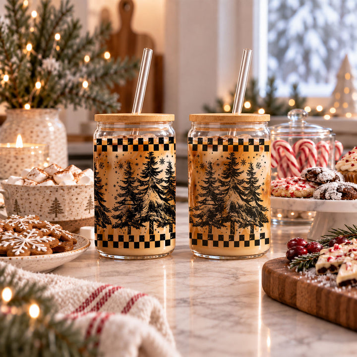 Retro Christmas Tree Glass Tumbler 17oz Bamboo Lid Straw Great Gift for Friends